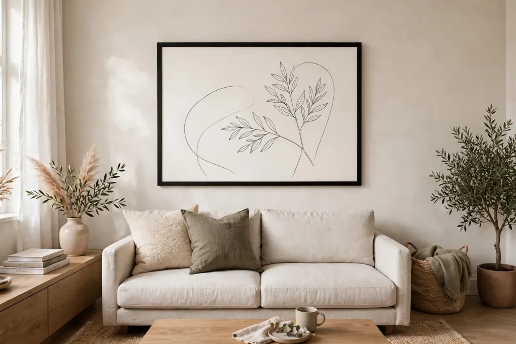 Living room wall with one large framed print in a simple black frame hung at eye level above a sofa.