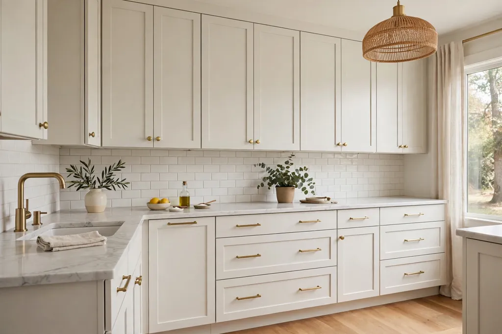 Kitchen cabinets with matched brushed brass pulls and knobs on clean cabinet fronts.
