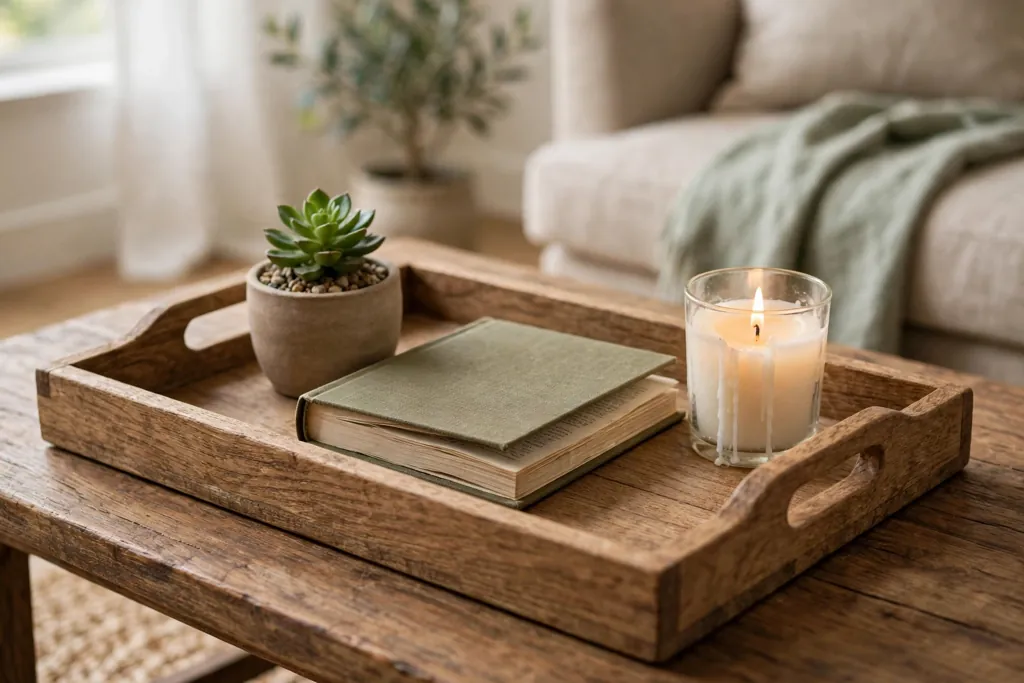 Coffee table styled with a wooden tray holding a book, a small plant, and a candle.