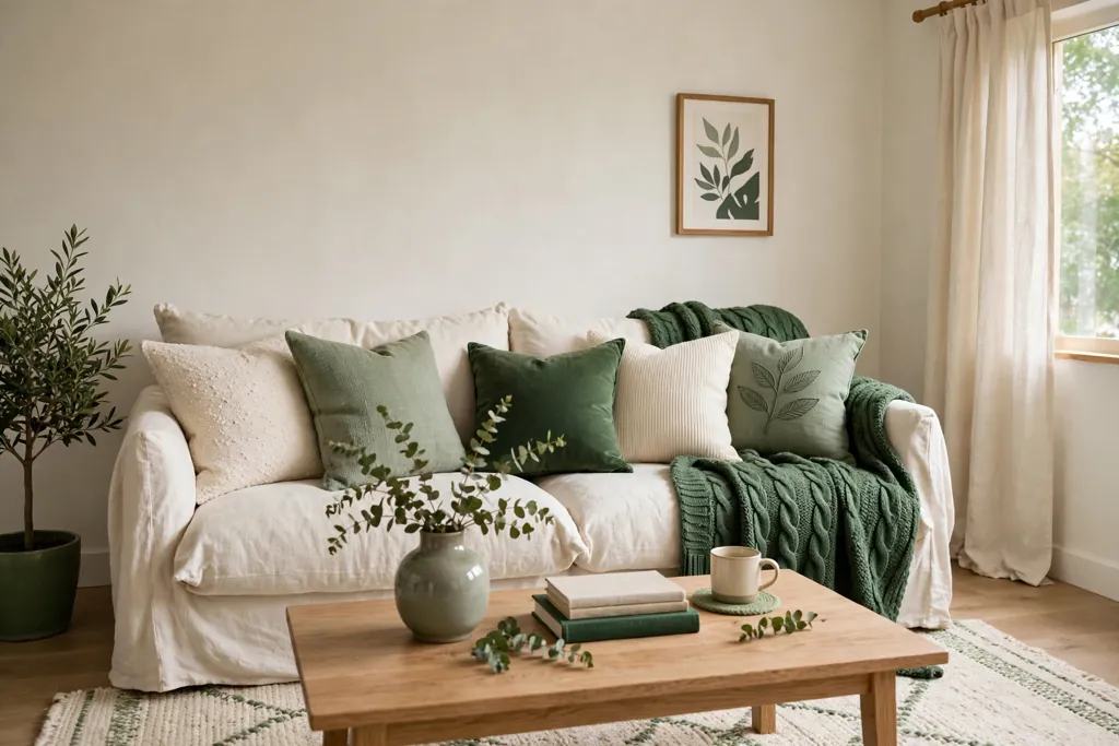 Sofa layered with cushions and a throw in a limited palette of cream, sage, and deep green.