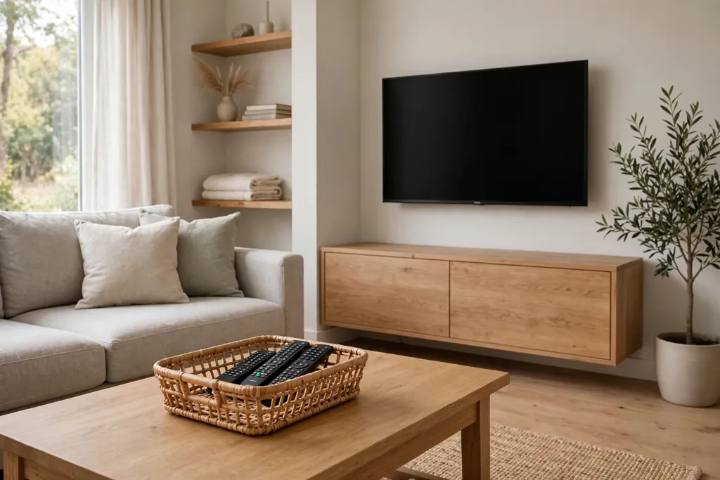 Tidy living room with clear surfaces, a basket for remotes, and cords hidden behind furniture.