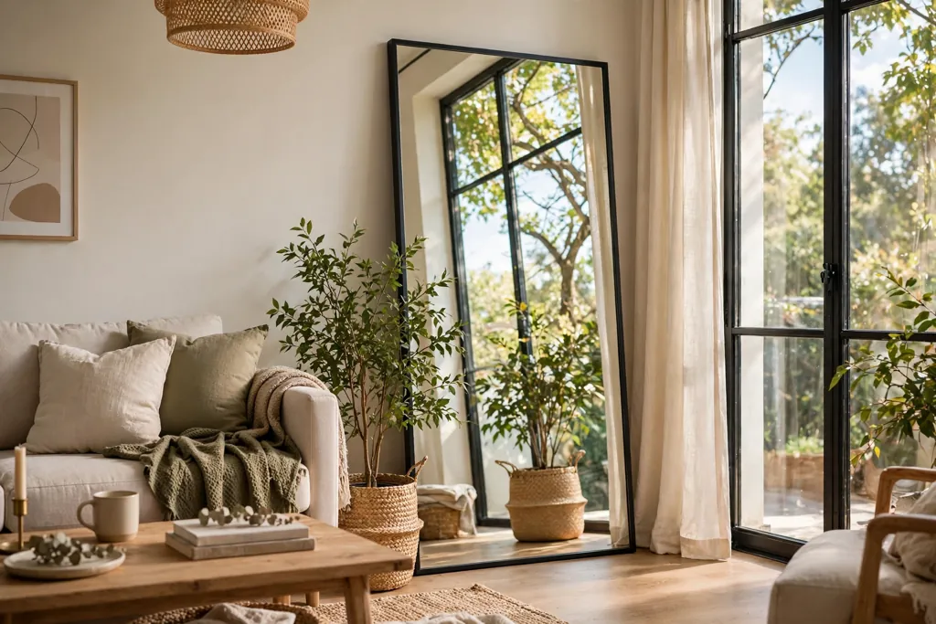 Living room with a large mirror beside a window reflecting daylight and a plant.