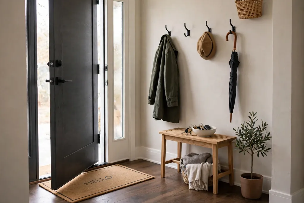 Home entry with a clean doormat, wall hooks for coats, a small bench, and a bowl for keys.