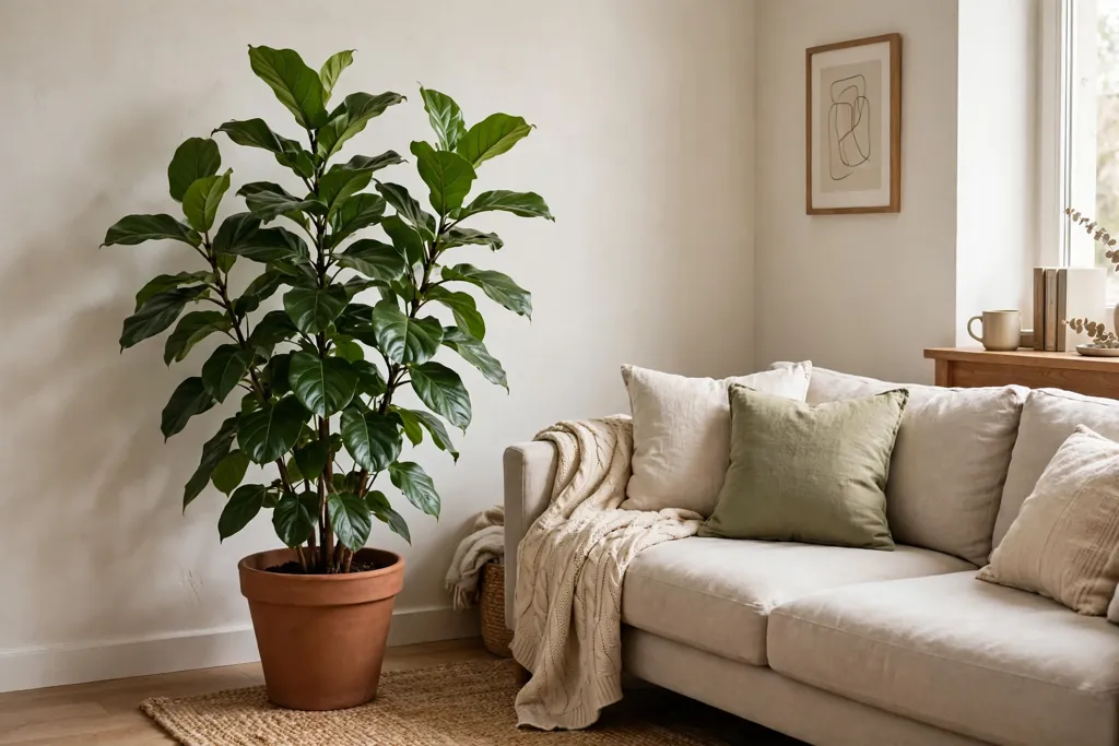 Living room corner with a large healthy plant in a plain terracotta pot beside a sofa.
