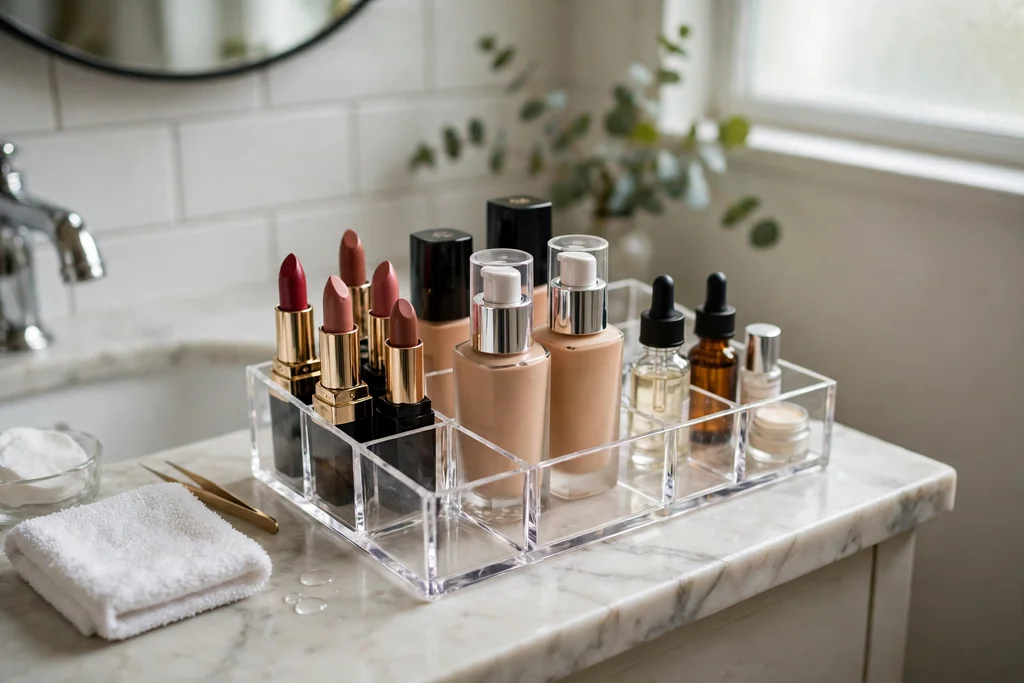 Small bathroom counter with a clear acrylic organizer holding lipsticks, foundations, and small makeup bottles.