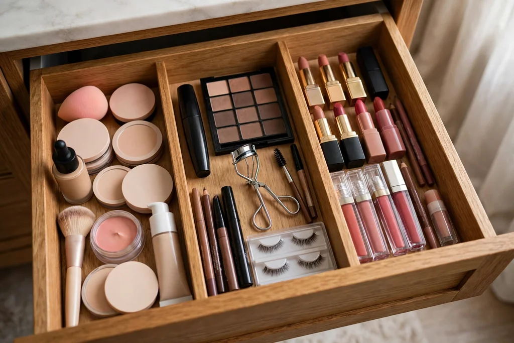 Open bathroom vanity drawer with dividers separating face, eye, and lip makeup.