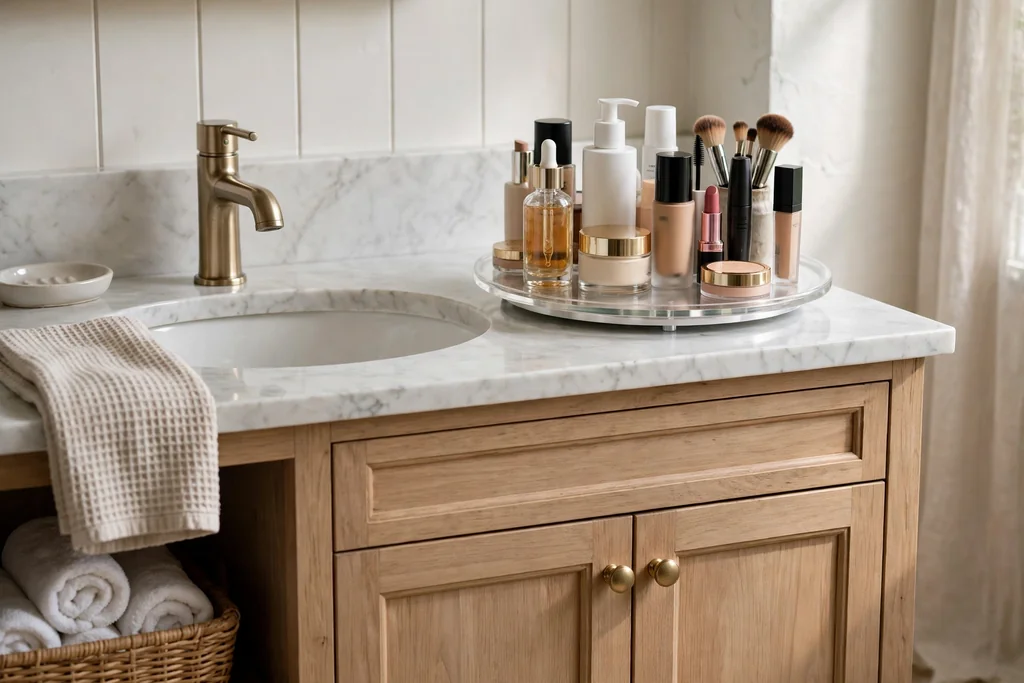 Bathroom vanity cabinet with a rotating turntable holding makeup bottles.