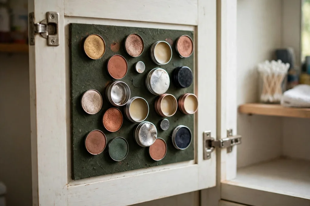 Inside of a bathroom cabinet door with a magnetic board holding makeup pans and small tins.