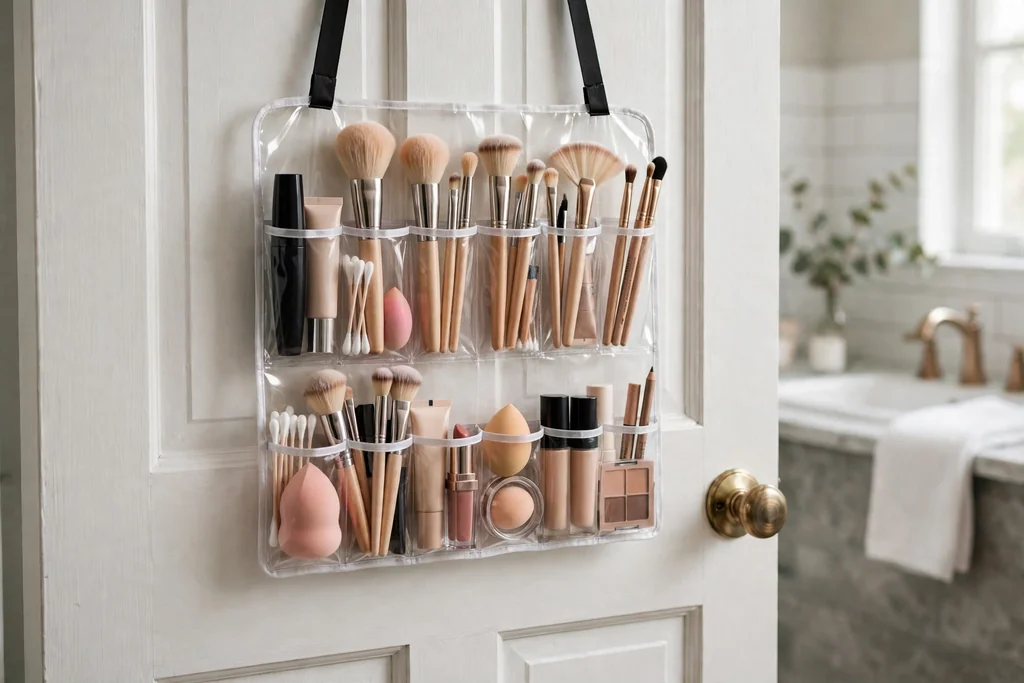 Bathroom door with a clear pocket organizer holding makeup and brushes.