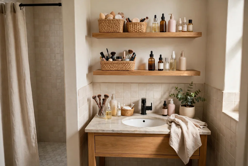 Small bathroom vanity with floating shelves above holding makeup baskets and bottles.