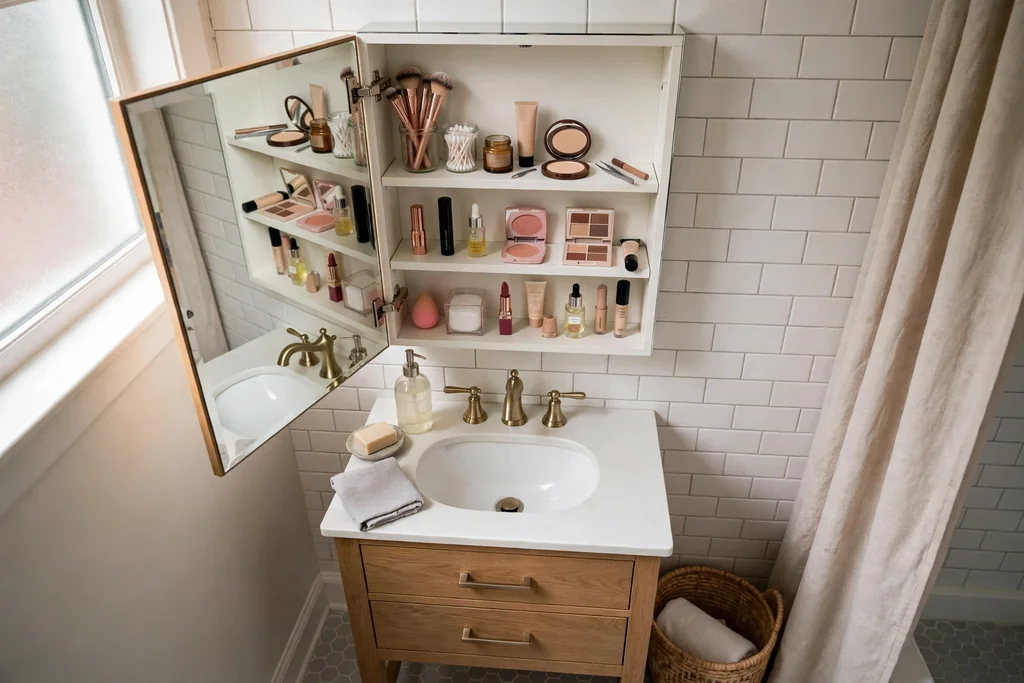Small bathroom vanity with a mirrored medicine cabinet open showing adjustable shelves with makeup.