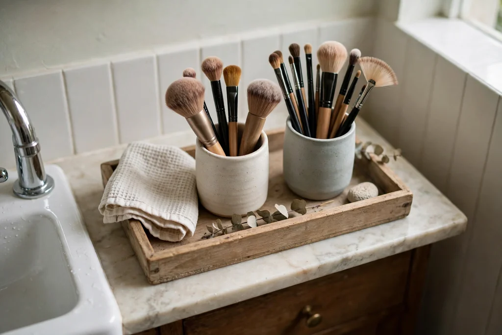 Small bathroom counter with brush cups in a shallow tray holding upright makeup brushes.