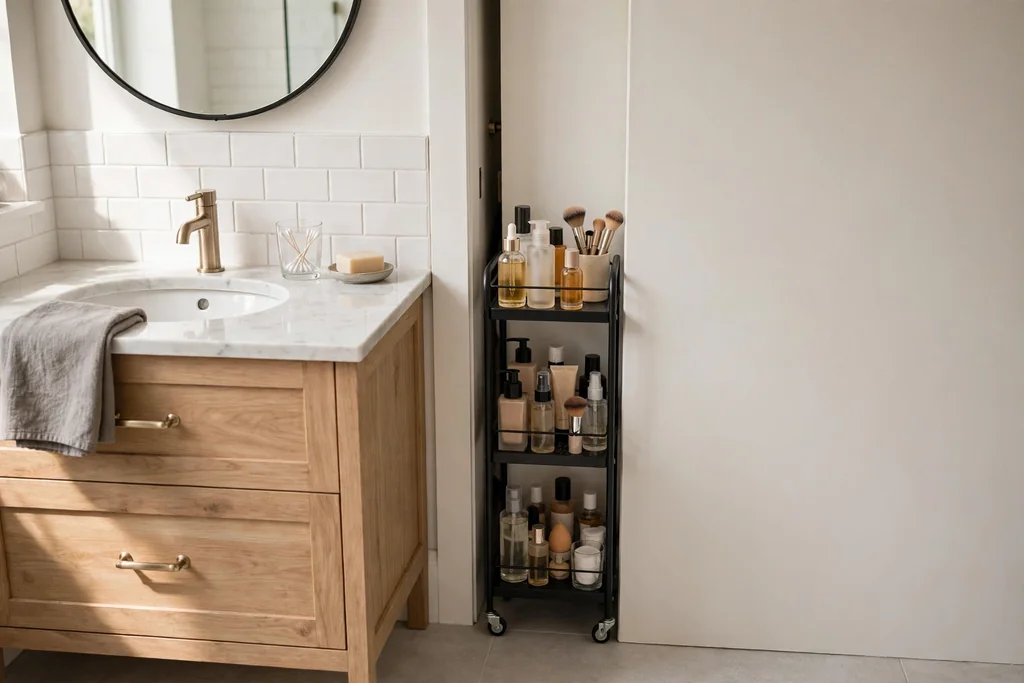 Narrow gap beside a bathroom vanity with a slim rolling cart holding makeup bottles.