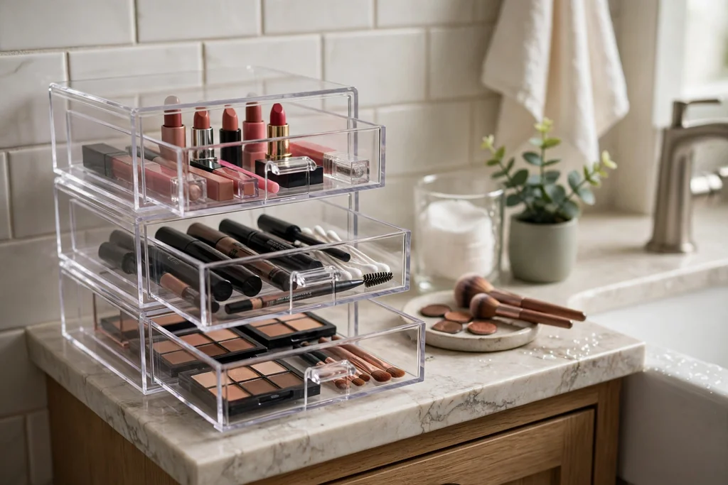 Small bathroom counter with stackable clear mini drawers holding lip and eye makeup.