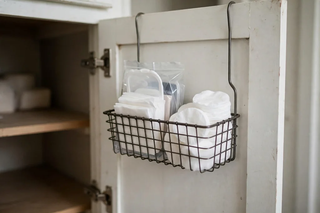 Inside of a bathroom cabinet door with a hook-on wire basket holding makeup wipes and cotton pads.