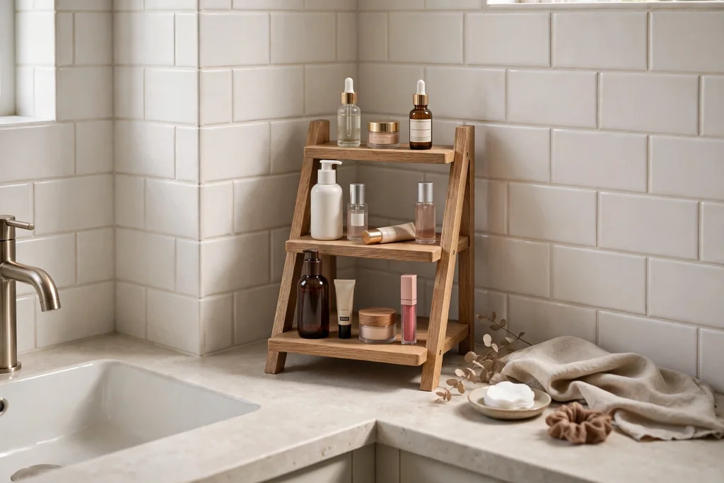Small bathroom counter corner with a tiered shelf holding makeup bottles in steps.