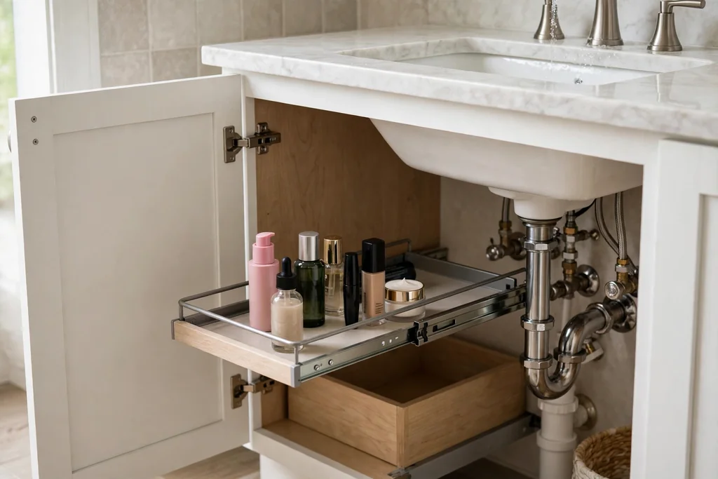 Bathroom vanity cabinet with a pull-out tray holding makeup bottles beside sink pipes.