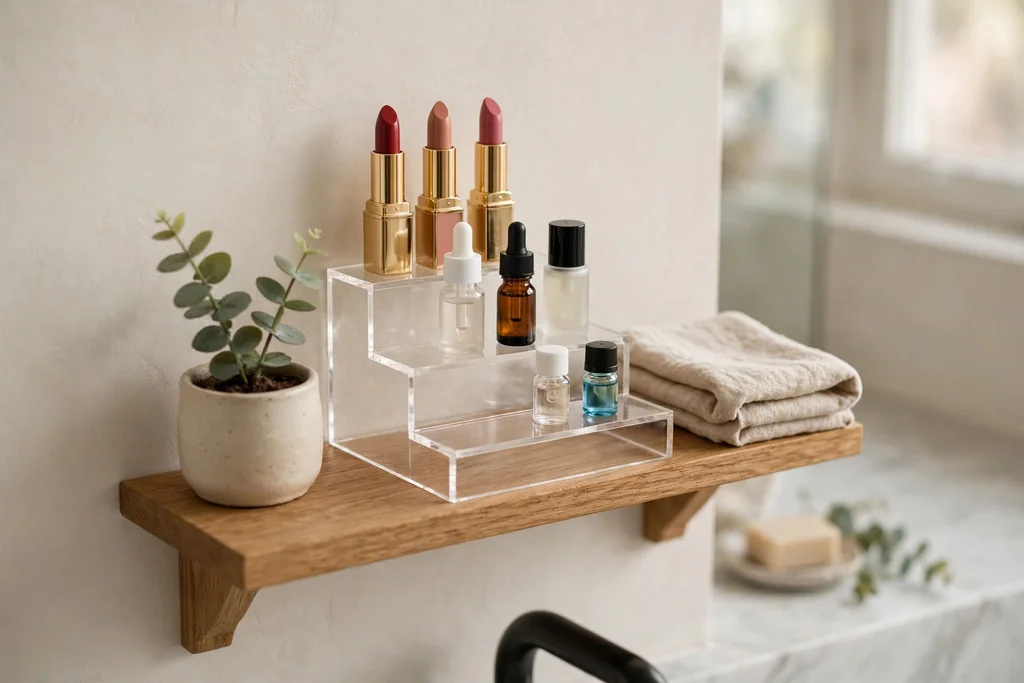 Small bathroom shelf with a stepped riser holding lipsticks and small makeup bottles.