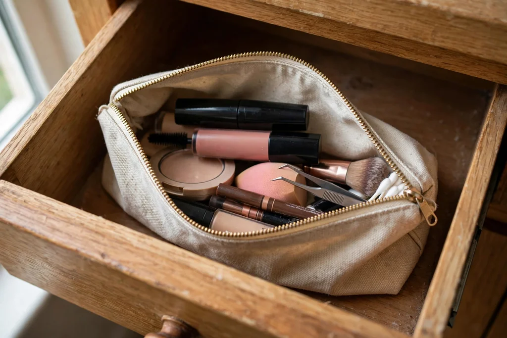 Small bathroom drawer with a zip pouch holding daily makeup items.