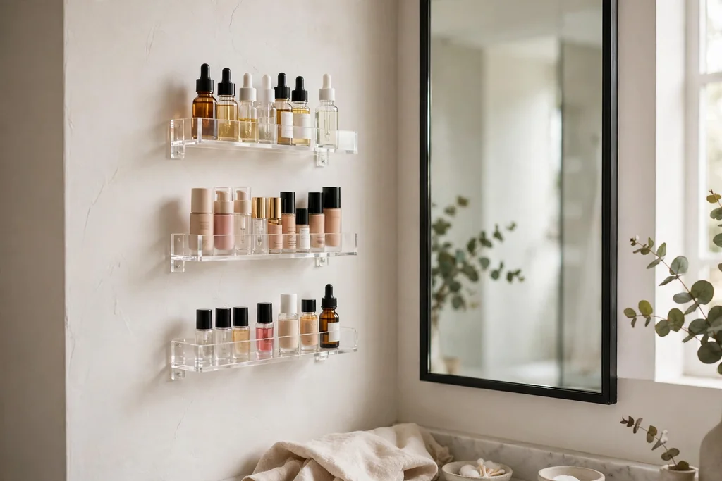 Small bathroom wall beside a mirror with acrylic racks holding small makeup bottles.