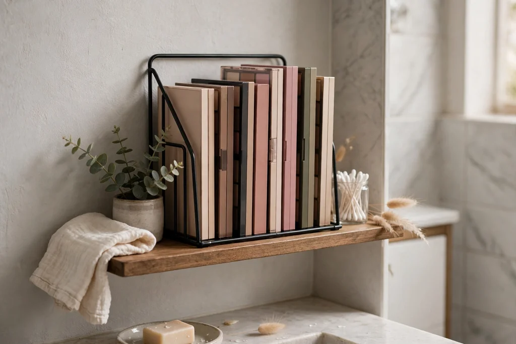 Small bathroom shelf with makeup palettes standing upright in a file holder like books.