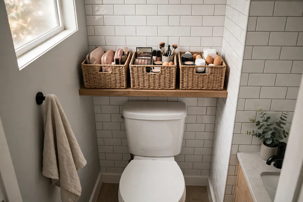 Small bathroom with a shelf above the toilet holding labeled bins with backup makeup.