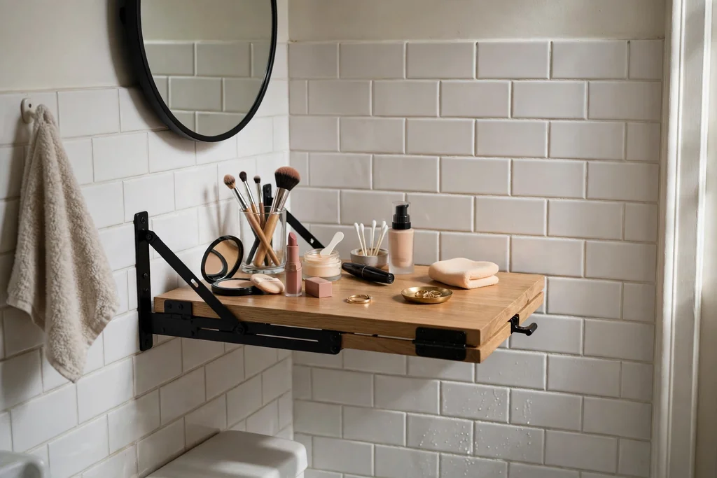 Small bathroom wall with a fold-down shelf lowered as a mini vanity holding makeup and a mirror.