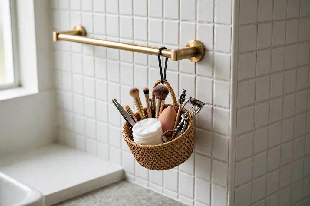 Small bathroom towel bar with a hanging basket holding makeup tools and cotton pads.