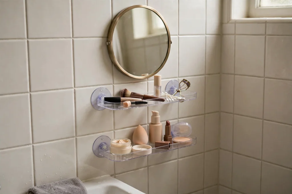 Small bathroom mirror and tile with suction cup shelves holding daily makeup items.