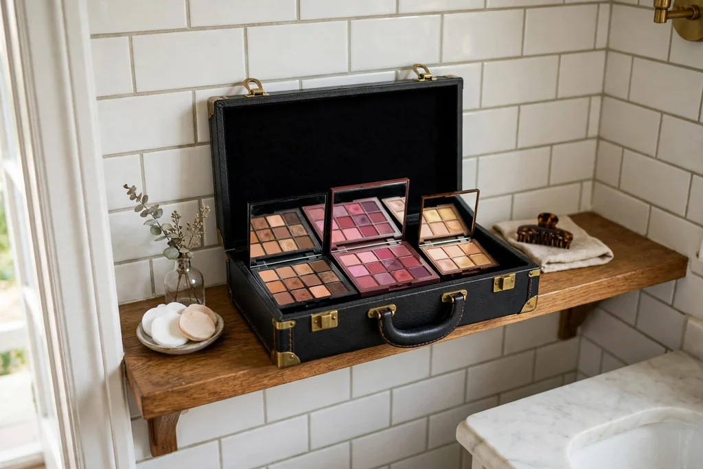 Small bathroom shelf with a lidded train case holding occasion makeup palettes.