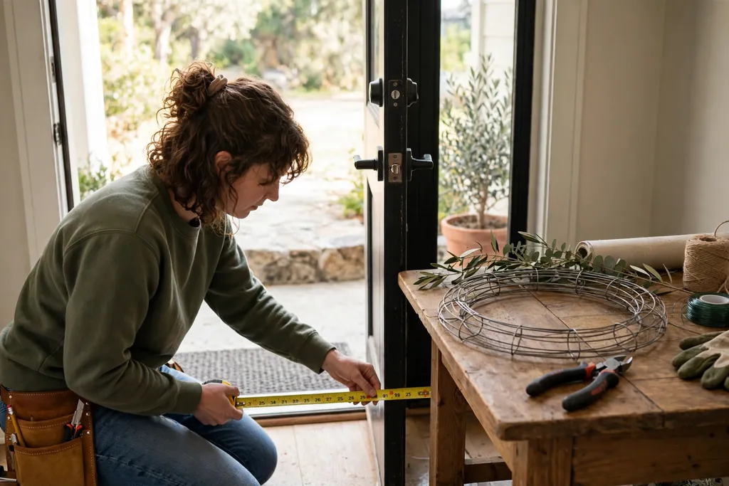A person measuring a front door space with a tape measure beside a round wreath frame on a table.