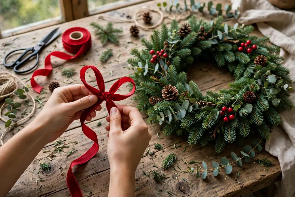 Hands forming a looped red ribbon bow on a work table beside a finished green wreath.