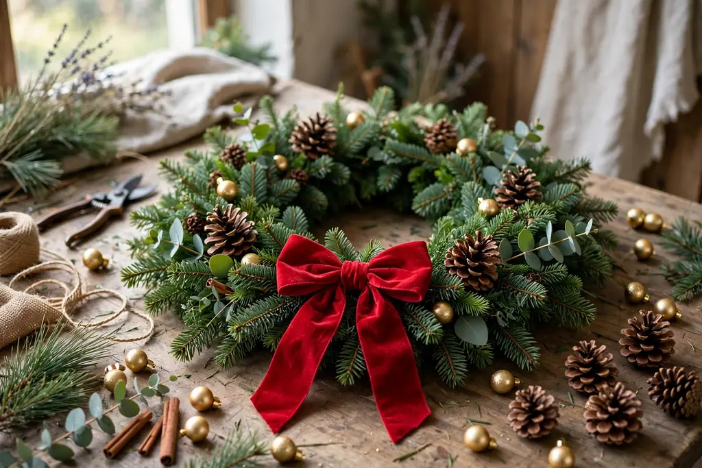A green Christmas wreath with a red bow, pinecones, and small gold ornaments arranged on a work table.