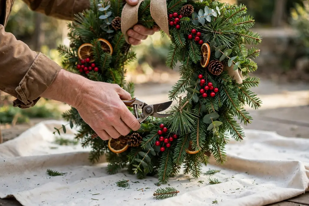Hands trimming a stray branch tip on a finished Christmas wreath held upright over a drop cloth.