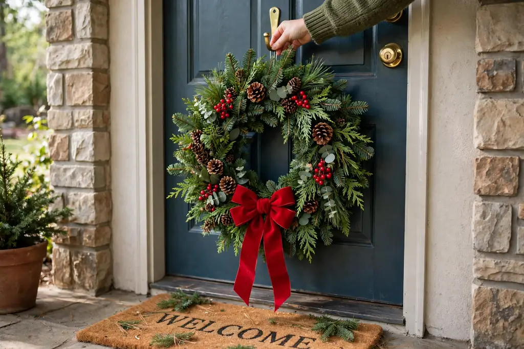 A finished Christmas wreath with a red bow being hung on a front door hook.