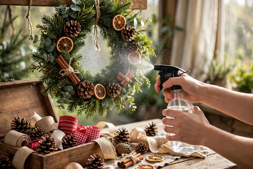 Hands misting a hanging Christmas wreath with a spray bottle, with a storage box of pinecones and ribbon nearby.