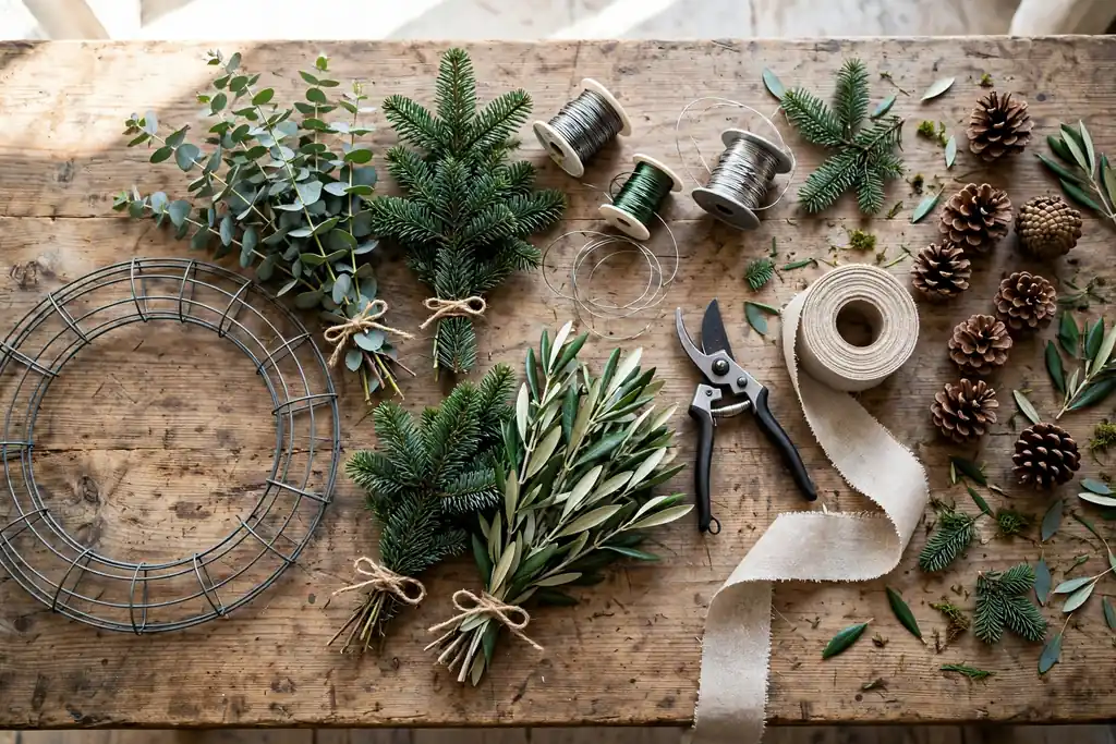 Wreath making supplies laid out on a work table: wire frame, greenery bundles, floral wire, shears, ribbon, and pinecones.