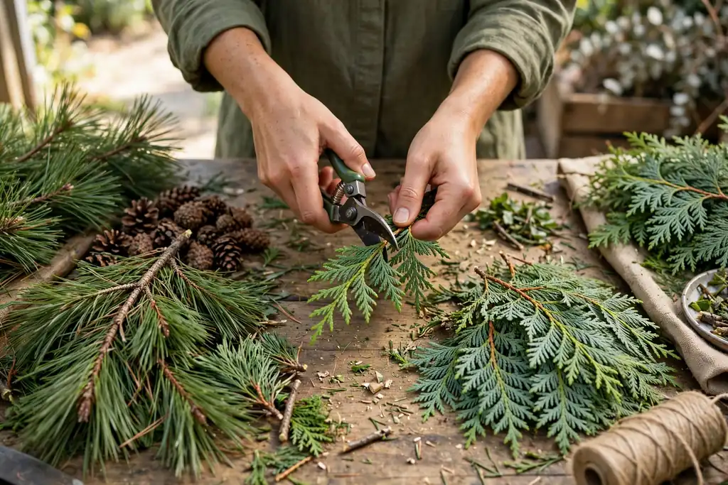 Hands trimming fresh pine and cedar branches with shears over a work table, with sorted piles of greenery nearby.