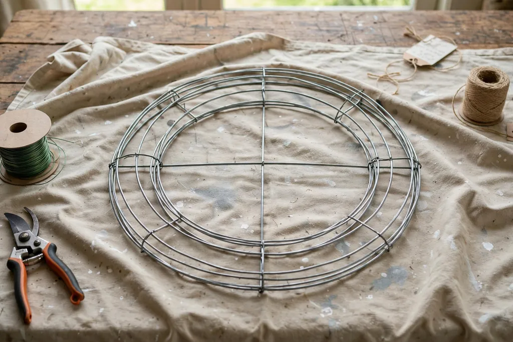 A bare wire wreath frame lying flat on a drop cloth on a work table, ready for greenery.