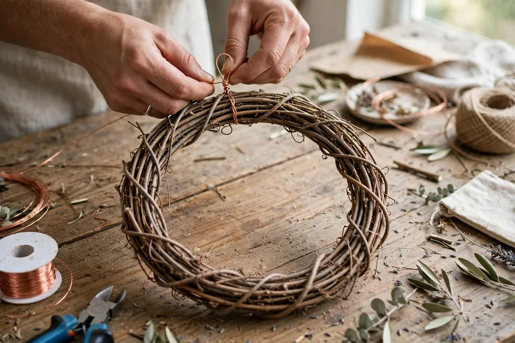 Hands twisting a wire hanging loop onto the top of a bare wreath frame.