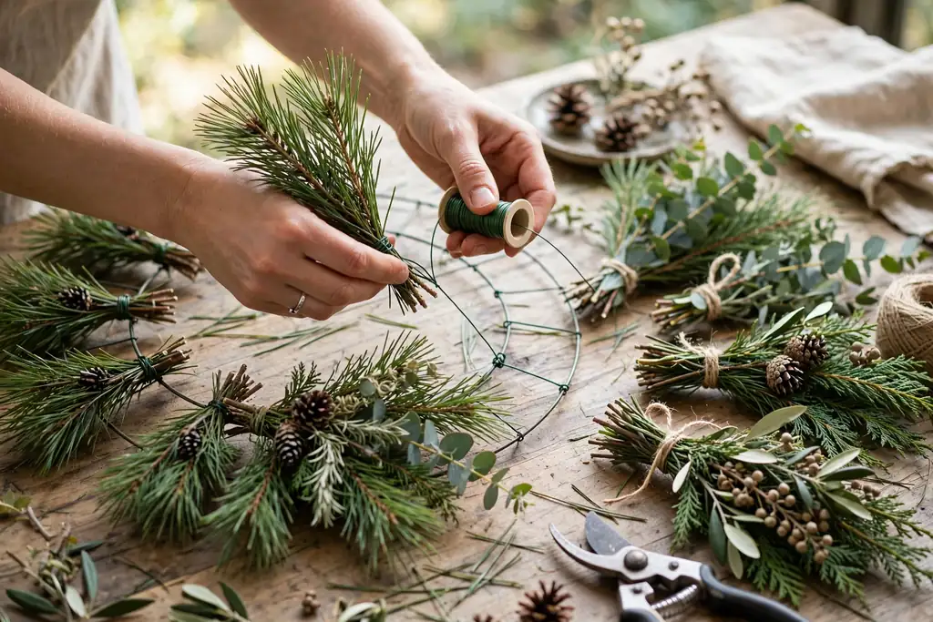 Hands wiring a small bundle of pine branches onto a wire wreath frame, with more bundles waiting on the table.