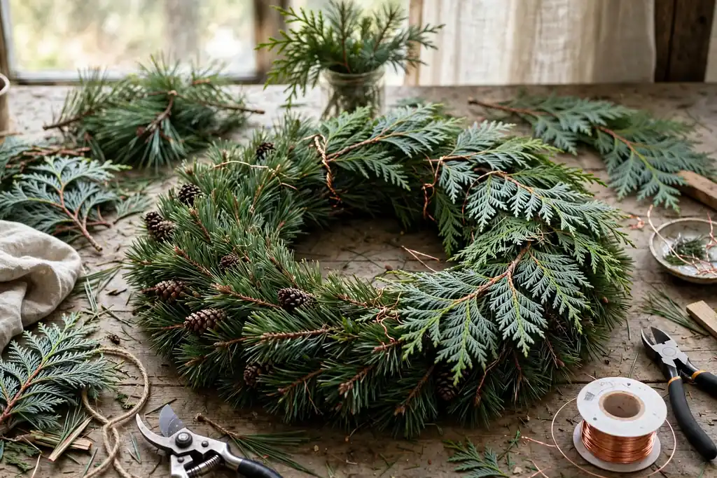 A half finished wreath with a second layer of cedar branches being wired over the pine base layer.