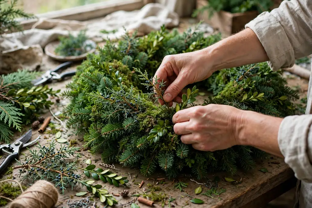 Hands tucking short juniper and boxwood sprigs into gaps in a nearly full green wreath.