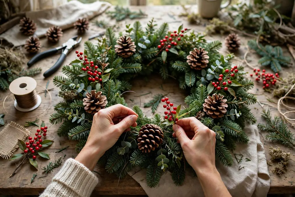 Hands wiring pinecones and red berry sprigs onto a full green Christmas wreath.