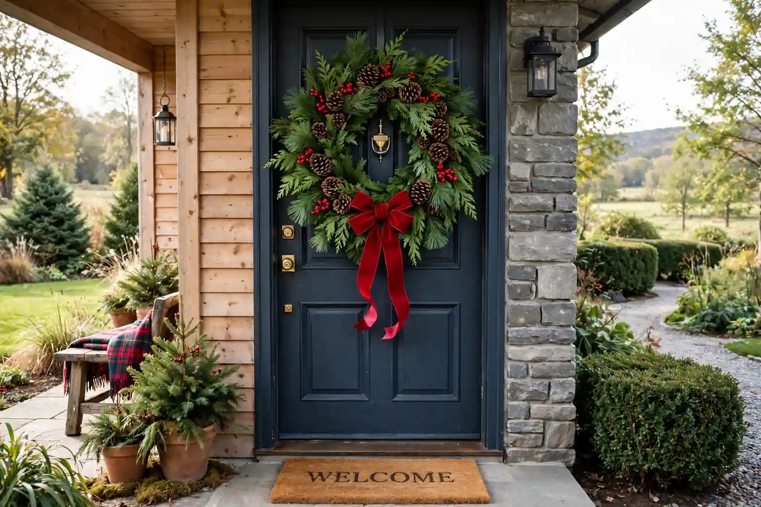 A full fresh Christmas wreath with pine, cedar, pinecones, red berries, and a red ribbon bow hanging on a front door.
