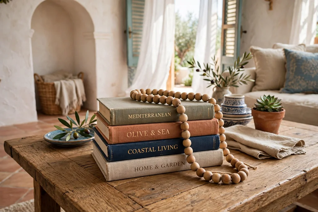 Wooden bead garland draped over a stack of books on a coffee table.