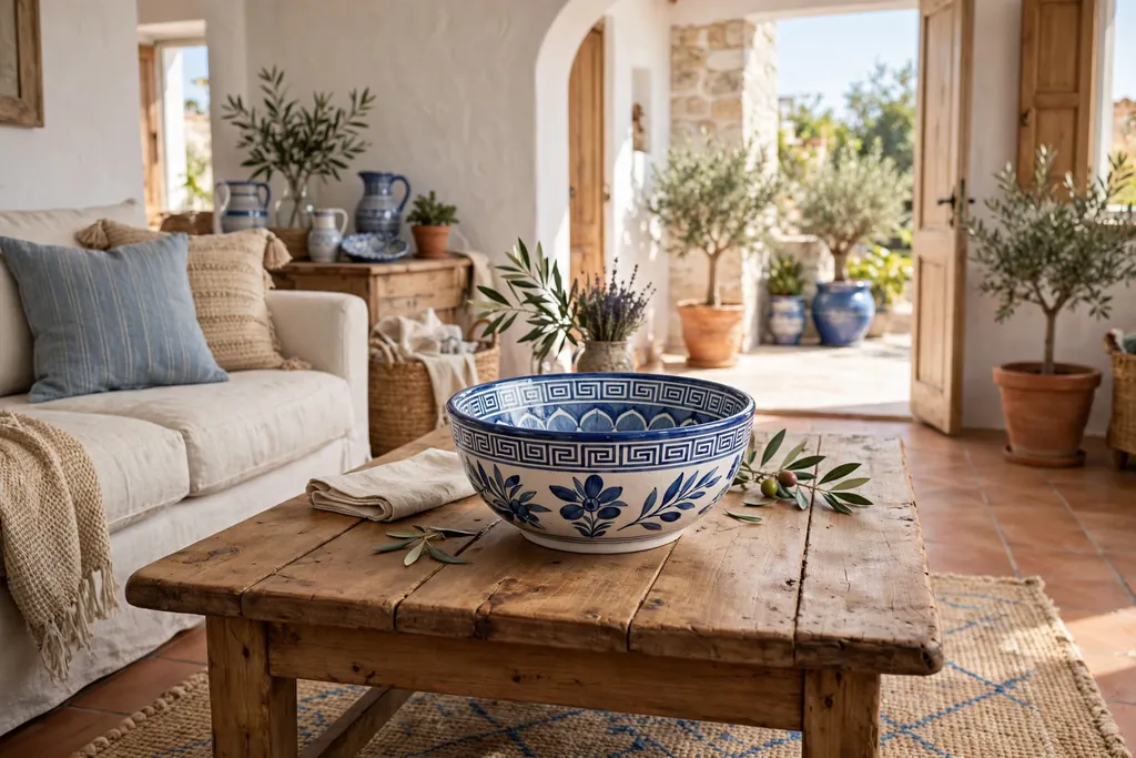 Blue and white ceramic bowl in the center of a coffee table.