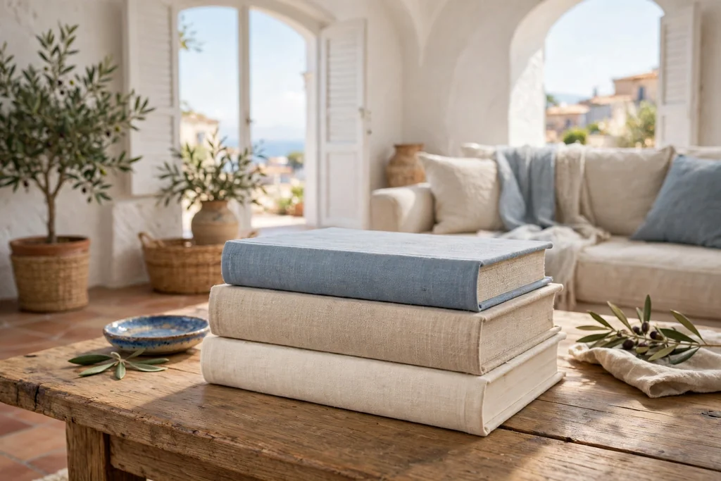 Stack of linen bound books in cream, sand, and soft blue on a coffee table.