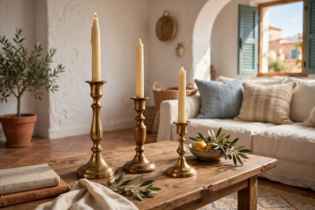Three brass candlesticks at varied heights with cream tapers on a coffee table.