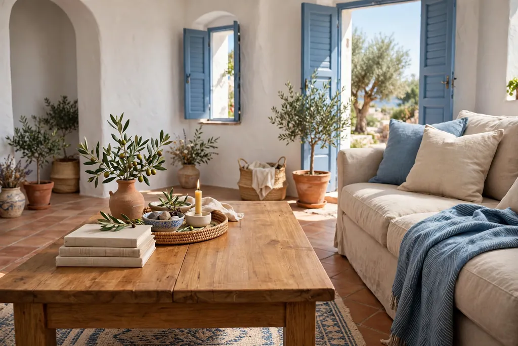 Coffee table with styling kept to two thirds and one third left clear beside a sofa.
